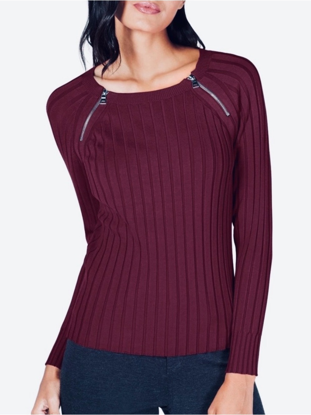 INC International Concepts Zipper Detail Ribbed Sweater Dark Burgundy Large